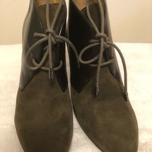 Coach booties 4” wedge heel black leather and dark green suede Size 7.5